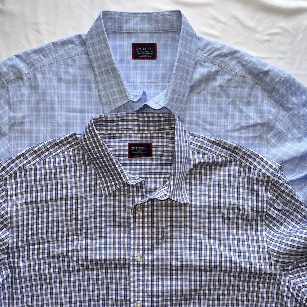 Set of 2 Blue Plaid Untuckit Long Sleeve Button Up Shirt Mens L